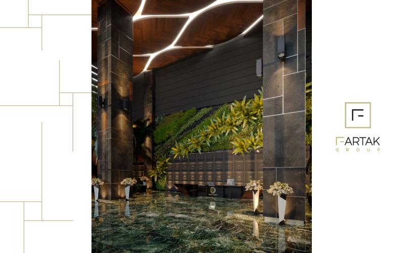 طراحی و اجرای دیوار سبز لابی مجتمع مسکونی هتل برج باران 3