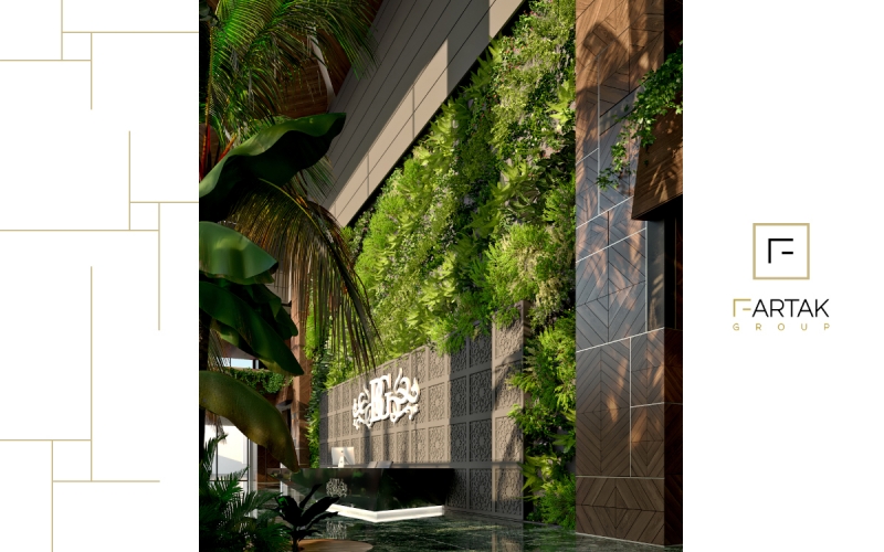طراحی و اجرای دیوار سبز لابی مجتمع مسکونی هتل برج باران 3